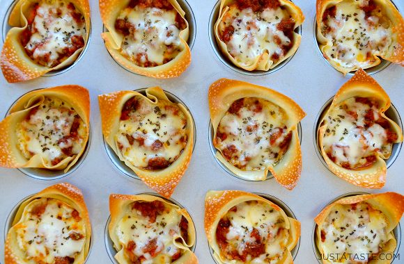 Easy Muffin Tin Lasagna Cups topped with mozzarella cheese and Italian seasoning