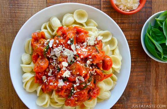 Easy cherry tomato sauce over orecchiette pasta 