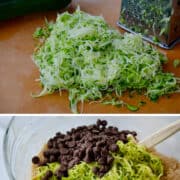 Vertical collage of images. Top image: Top-down view of two loaves of Chocolate Chip Zucchini Bread. Second image: Freshly grated zucchini. Third image: Clear bowl containing zucchini batter, grated zucchini and chocolate chips. Last image: Two bread pans containing zucchini batter studded with chocolate chips.