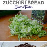 Vertical collage of images. Top image: Sliced chocolate chip zucchini bread on a wooden cutting board next to fresh zucchini. Second image: A pile of grated zucchini. Third image: A clear bowl containing zucchini bread batter, grated zucchini and chocolate chips. Last image: Top-down view of two parchment paper-lined bread pans containing zucchini bread batter studded with chocolate chips.