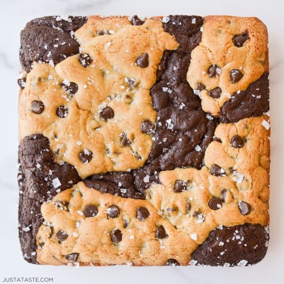 Soft and chewy chocolate chip cookie brownies with large flake sea salt 