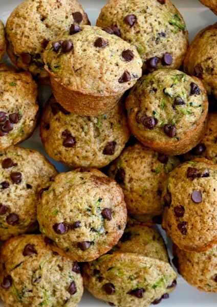 Mini zucchini muffins studded with mini chocolate chips.