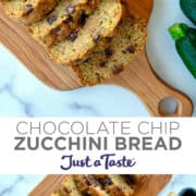 Top image: A close-up view of sliced chocolate chip zucchini bread on a wood serving board. Bottom image: A sliced loaf of chocolate chip zucchini bread on a wood serving board next to a loaf in a bread pan lined with parchment paper.