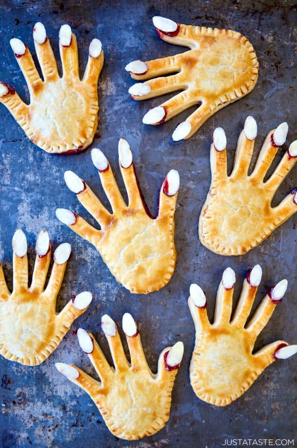 Top down view of the best Halloween Hand Pies with almond nails