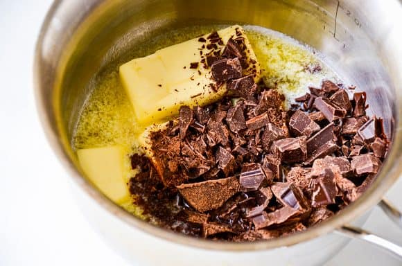 Melted butter and semisweet chocolate in a saucepan