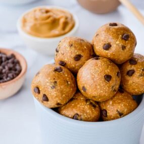 No-Bake Peanut Butter Protein Balls piled high in a bowl