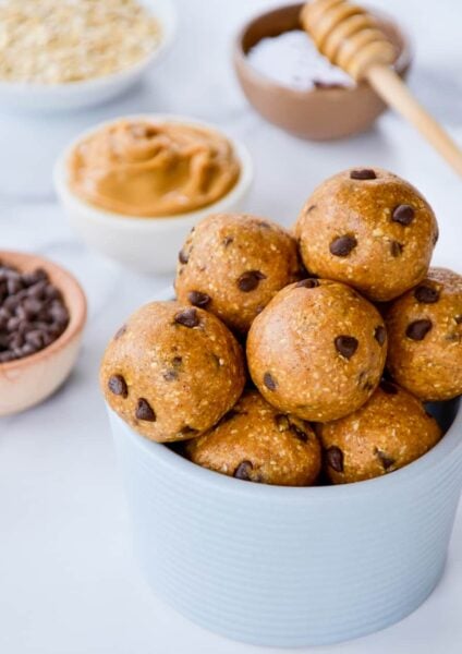 No-Bake Peanut Butter Protein Balls piled high in a bowl
