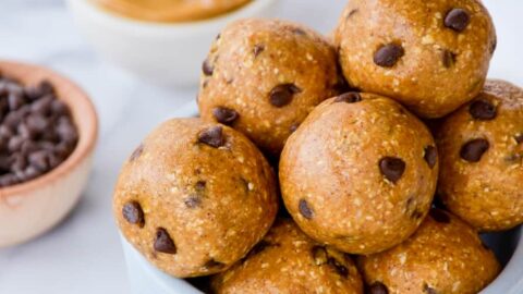 No-Bake Peanut Butter Protein Balls piled high in a bowl