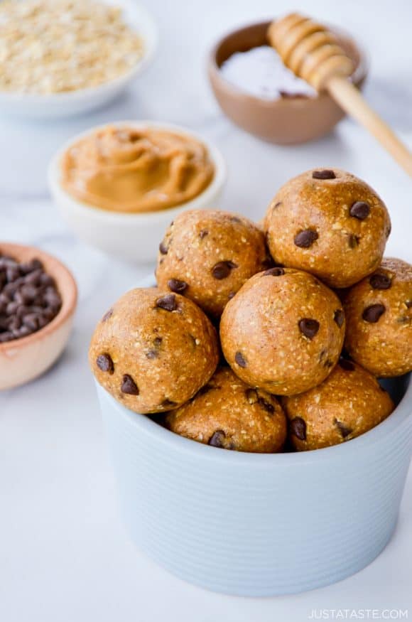 No-Bake Peanut Butter Protein Balls piled high in a bowl 