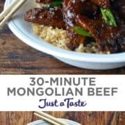 Top image: Mongolian beef over brown rice in a white bowl with chopsticks. Bottom image: Top-down view of Mongolian beef and chopped scallions over brown rice in a white bowl with chopsticks resting on the edge.