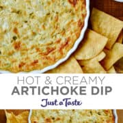 Top image: A close-up view of creamy artichoke dip in a white baking dish surrounded by chips. Bottom image: A top-down view of creamy artichoke dip in a baking dish surrounded by tortilla chips.