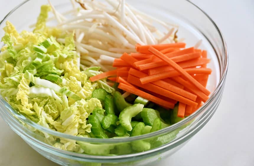 A clear bowl containing shredded carrots, sliced celery, green cabbage and bean sprouts