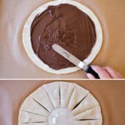 Vertical collage of images. Top image: Easy Puff Pastry Snowflake next to a sifter containing powered sugar. Second image: Nutella being spread with an offset spatula atop a circular piece of puff pastry. Third image: Cutting small pie-shaped pieces in the puff pastry. Last image: Twisting the unbaked puff pastry to make the snowflake shape.