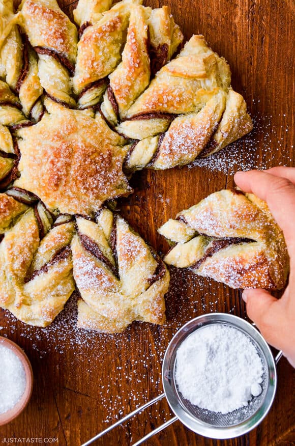 Pulling apart a puff pastry snowflake