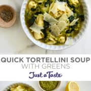 Top-image: A white bowl containing Quick Tortellini Soup with Greens topped with pesto and shaved parmesan. Bottom image: Two bowls containing Quick Tortellini Soup with Greens topped with pesto and shaved parmesan next to half a lemon.