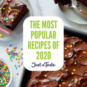 A chocolate cake with text on top for the Most Popular Recipes of 2020