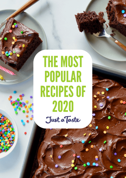 A chocolate cake with text on top for the Most Popular Recipes of 2020