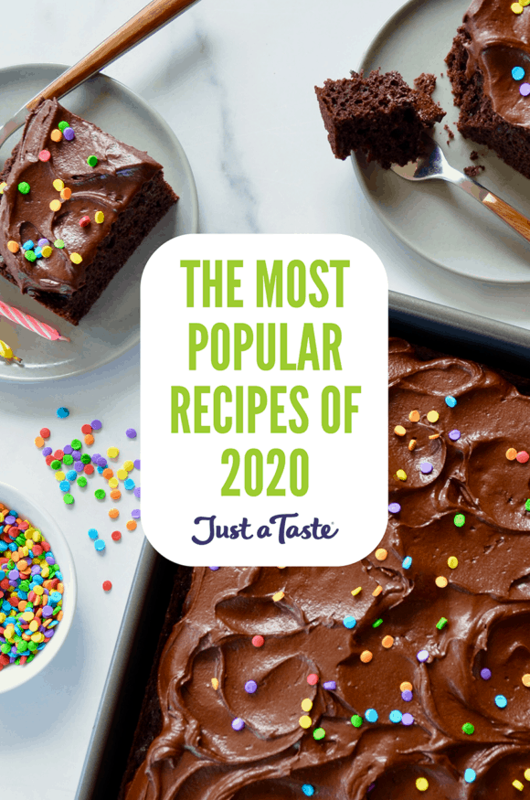 A chocolate cake with text on top for the Most Popular Recipes of 2020