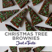 Top image: A close-up view of Christmas Tree Brownies drizzled with chocolate and studded with white and green sprinkles. Bottom image: Christmas Tree Brownies drizzled with chocolate and studded with festive sprinkles.