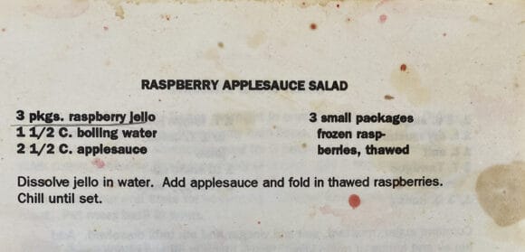 An old recipe card for applesauce jello salad