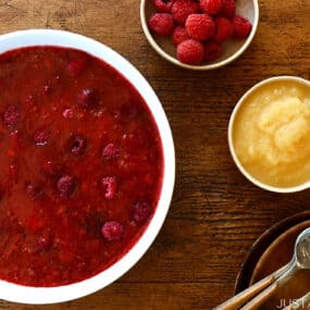 An overhead shot of raspberry applesauce jello