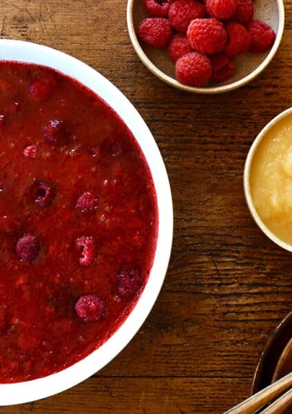 An overhead shot of raspberry applesauce jello