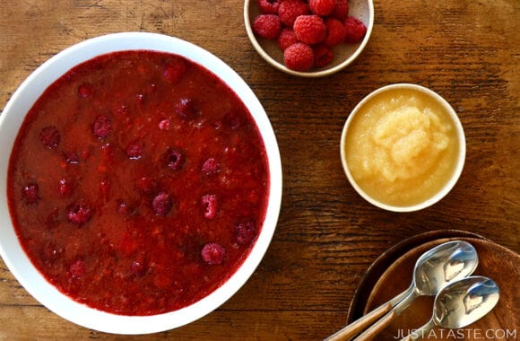 An overhead shot of raspberry applesauce jello