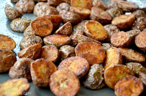 Roasted potatoes on a baking sheet