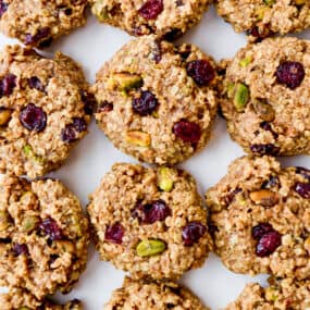 Healthy breakfast cookies studded with dried cranberries and pistachios.