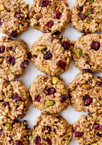 Healthy breakfast cookies studded with dried cranberries and pistachios.