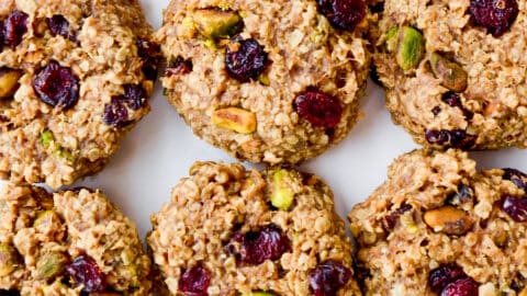 Healthy breakfast cookies studded with dried cranberries and pistachios.