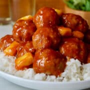 Baked Sweet and Sour Meatballs over a bed of white rice