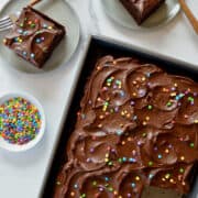 Chocolate cake topped with 5-Minute Chocolate Buttercream Frosting and rainbow sprinkles