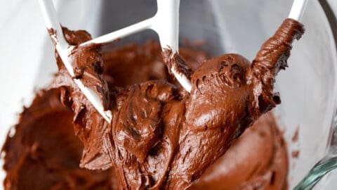 Chocolate buttercream frosting on the paddle attachment of a stand mixer.