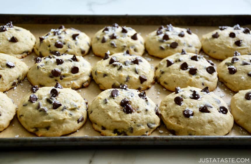 Freshly baked Banana Chocolate Chip Cookies on a baking sheet