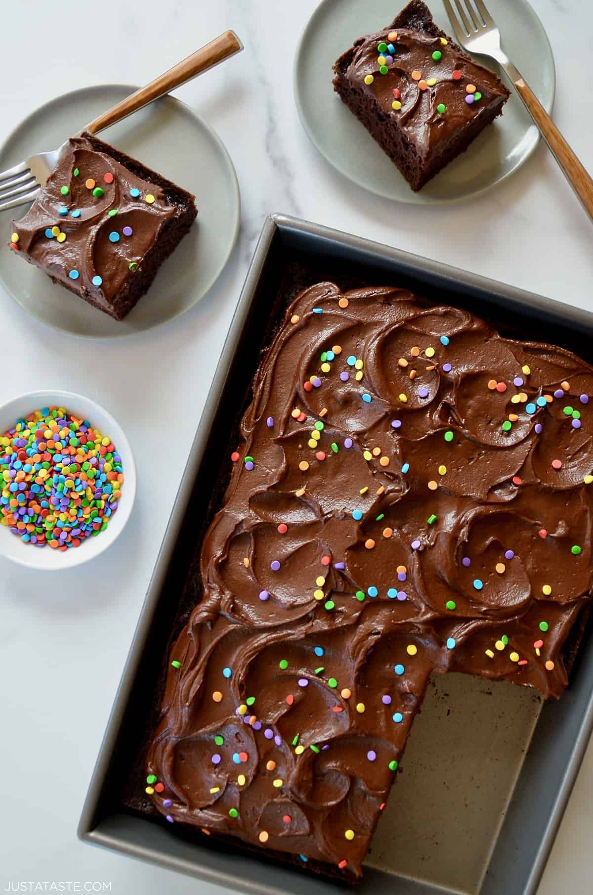 A chocolate sheet cake with chocolate buttercream frosting and rainbow sprinkles.