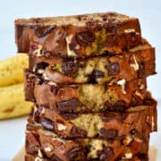 Slices of Greek Yogurt Banana Bread stacked