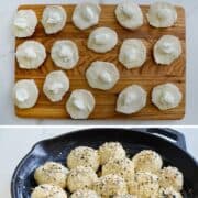 Vertical collage of step-by-step images for making bagel bites stuffed with cream cheese