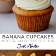 Top image: A banana cupcake with piped cream cheese frosting and a banana chip. Bottom image: Banana cupcakes with piped cream cheese frosting, each garnished with a banana chip.