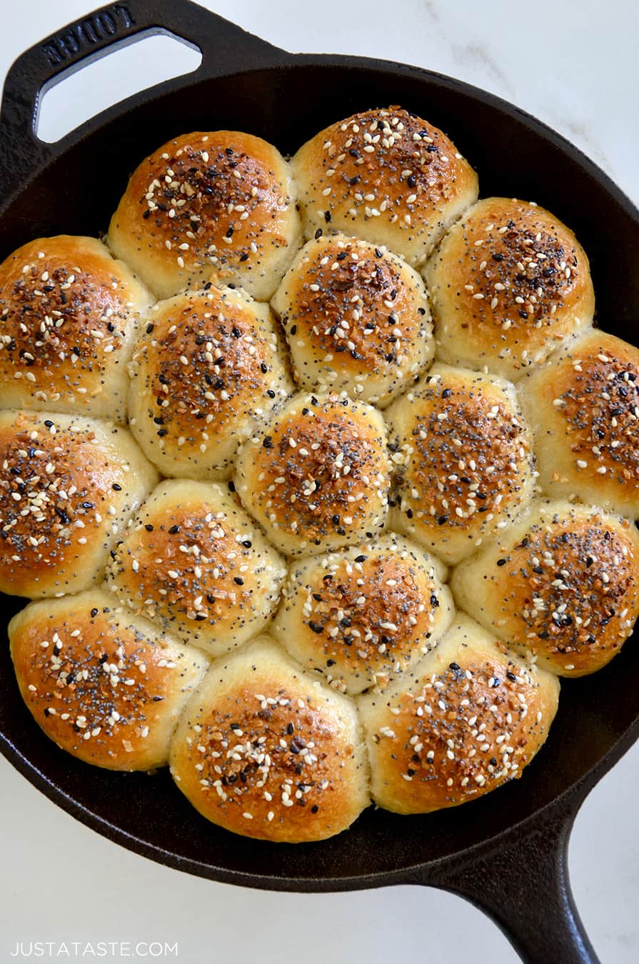 Top-down view of Everything Bagel Pull-Apart Bread with Cream Cheese in cast iron skillet