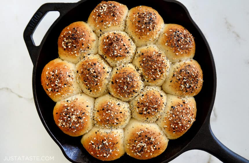 Everything Bagel Pull-Apart Bread with Cream Cheese in a cast iron skillet