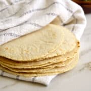 Stack of freshly made homemade corn tortillas wrapped in a white dish cloth.