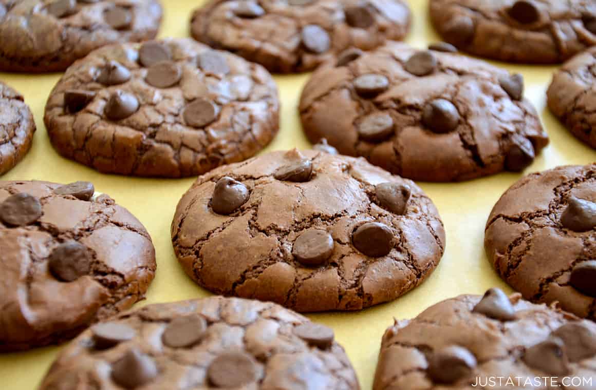 A baking sheet containing Chocolate Chip Brownie Cookies