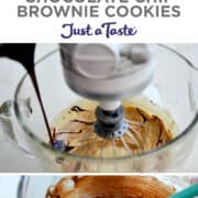 Vertical collage of image. First image: Top-down view of Chocolate Chip Brownie Cookies. Second image: Stand mixer with clear bowl and whisk attachment beating eggs and sugar while chocolate is streamed in. Third image: Clear bowl containing cookie batter topped with chocolate chips. Final image: Scoops of brownie cookie dough on a parchment paper-lined baking sheet.