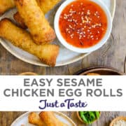 Top image: A pile of Easy Sesame Chicken Egg Rolls on a plate with a bowl containing sweet chili sauce. Bottom image: A top-down view of a plate with Easy Sesame Chicken Egg Rolls and a bowl containing sweet chili sauce next to small bowls containing red pepper flakes, sesame seeds and sliced scallions.