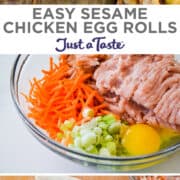 Vertical collage of images. Top image: A plate of chicken egg rolls with sweet-and-sour dipping sauce. Second image: A glass bowl containing ground chicken, carrots, scallions and egg. Final image: An egg roll wrapped being filled and rolled up.