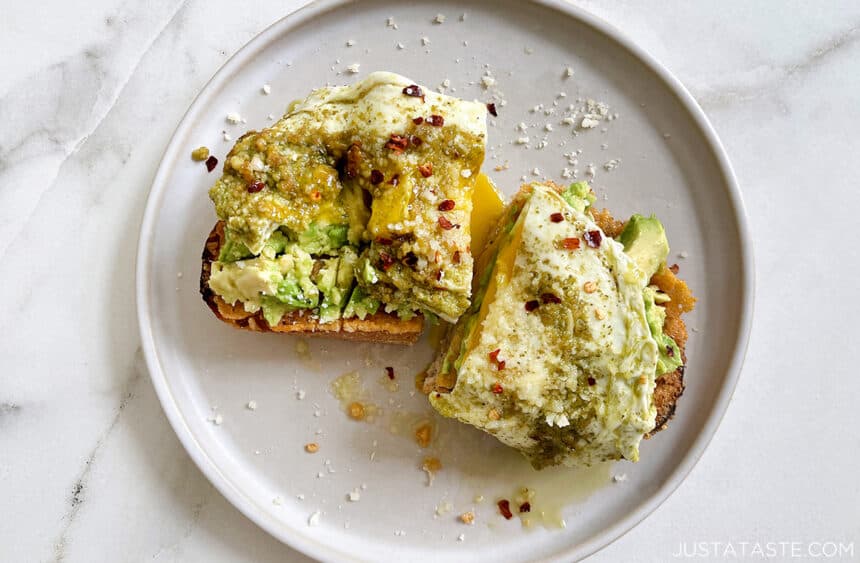 Pesto Eggs on Cheesy Toast Just a Taste