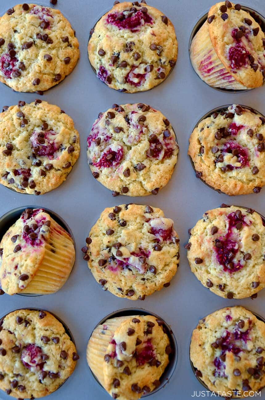 A top-down view of Raspberry Chocolate Chip Muffins Recipe