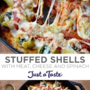 Top-image: A close-up view of Stuffed Shells with ground beef, spinach and cheese. Bottom image: A cast-iron skillet containing Stuffed Shells topped with melted cheese and marinara sauce.