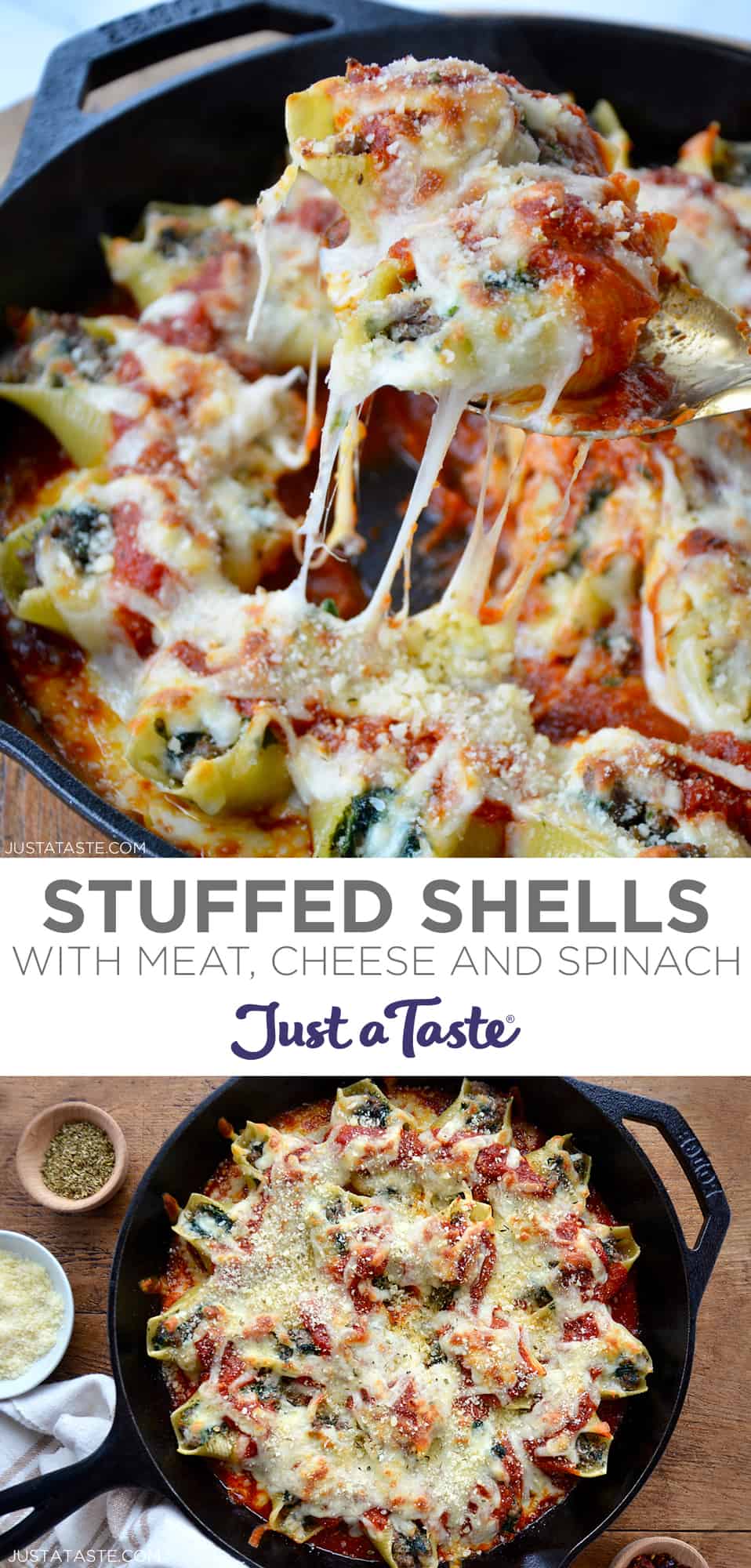 Top-image: A close-up view of Stuffed Shells with ground beef, spinach and cheese. Bottom image: A cast-iron skillet containing Stuffed Shells topped with melted cheese and marinara sauce.